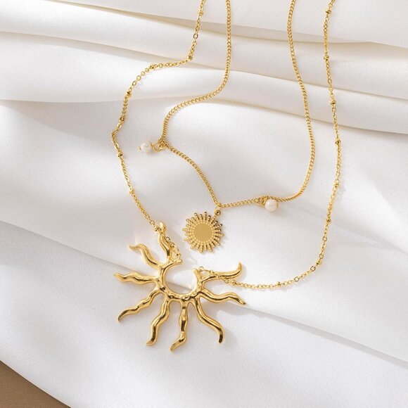 Gold Necklace Women Layered Sun Pendant Pearl Accents Jewelry Gift - Picture 3 of 3